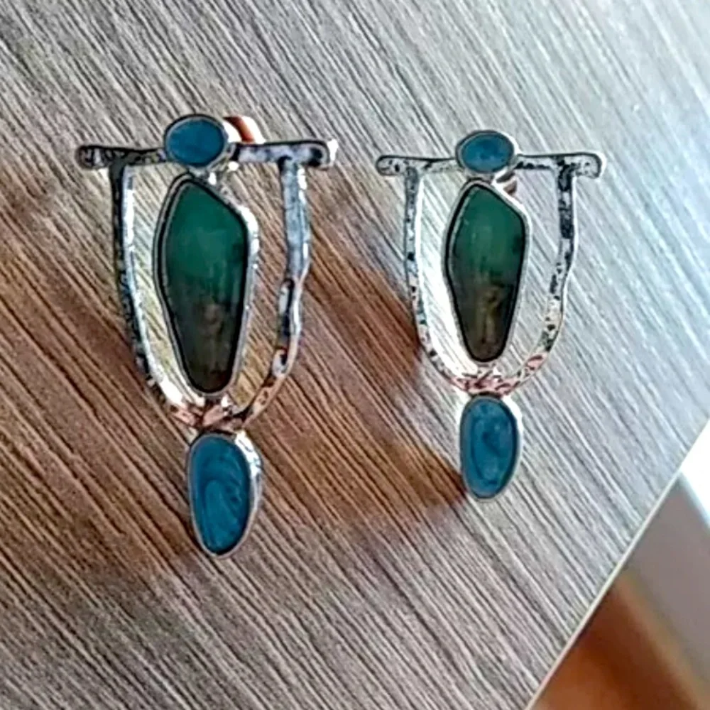 Silver Turquoise Drop Earrings - Blue-Green Stones